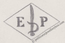 French Maker's Mark
NAME: Ernest Poyer INITIALS: E P SYMBOL: Sword DATES: 1901 - SPECIALITY: Jeweller PLACE: 39 rue de Terre-Neuve, Bois-Colombes, France
