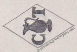 Poinçon de maître orfèvre joaillier, poinçon de fabricant, poinçon d’atelier, poinçon losangique. NOM: Ferdinand Everaerts INITIALES: E F SYMBOLE: Chat DATES: 1930 - PROFESSION: Bijoutier ADRESSE: 205 rue de Paris, Ivry-sur-Seine, France