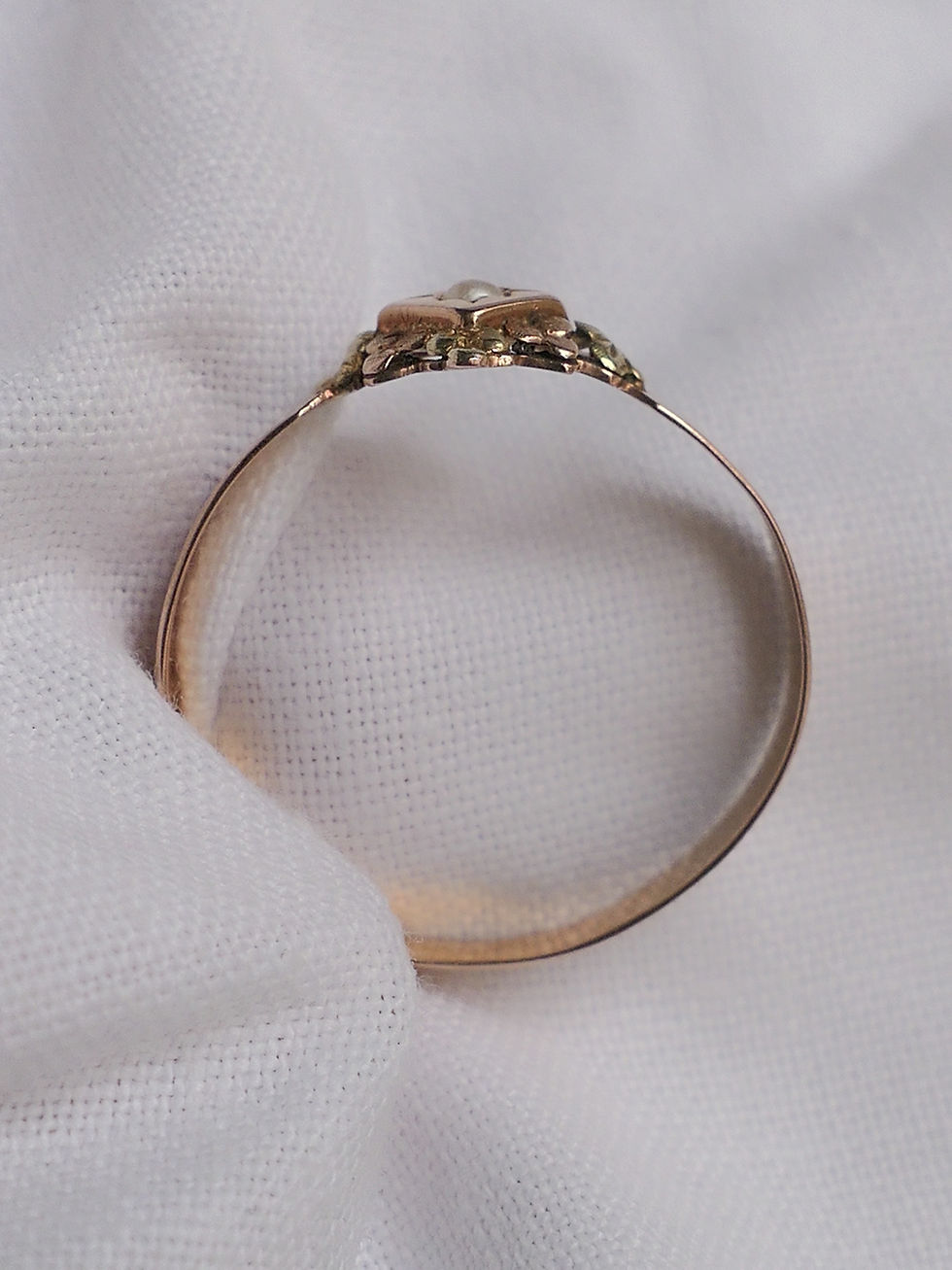 Thumbnail: Adorable Antique French Pearl Ring with Naturalistic Green and Rose Gold Details