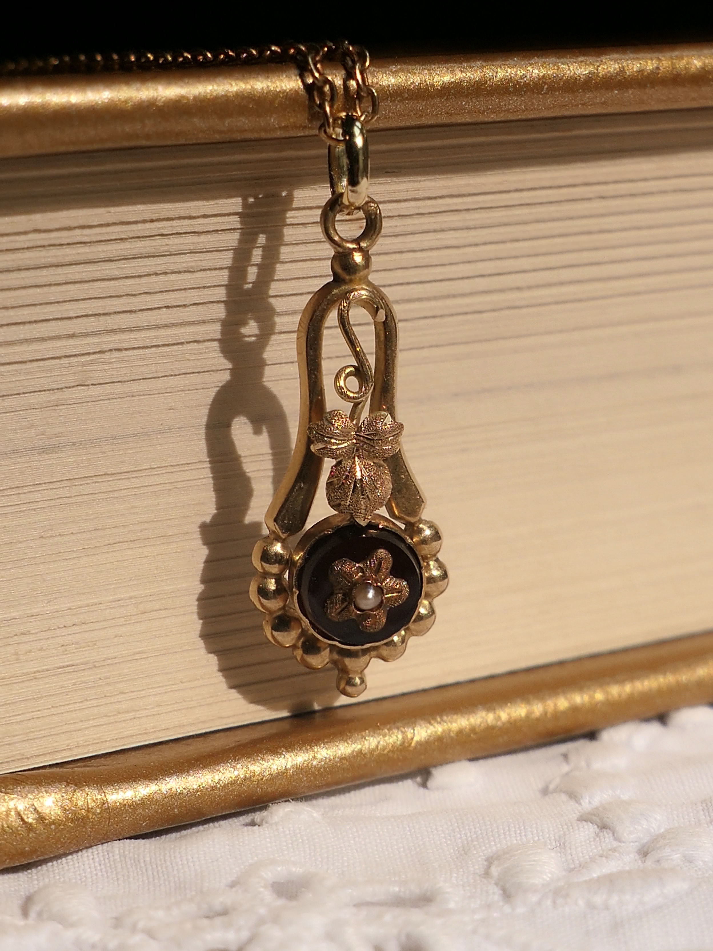 Antique 19th Century Pendant with Seed Pearl, French Jet and" Vine Detail