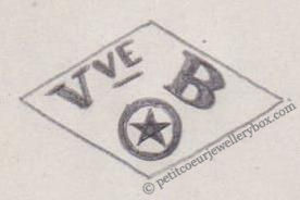 French Maker's Mark
NAME: Veuve Bénard INITIALS: Vve B SYMBOL: Star in a circle DATES: 1904 - 1910 SPECIALITY: Jeweller PLACE: 1 rue Charlot, Paris, France