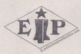 French Maker's Mark
NAME: Ernest Prost INITIALS: E P SYMBOL: Gaiter and star DATES: 1923 - 1963 SPECIALITY: Silversmith PLACE: 7 rue Réaumur, Paris, France