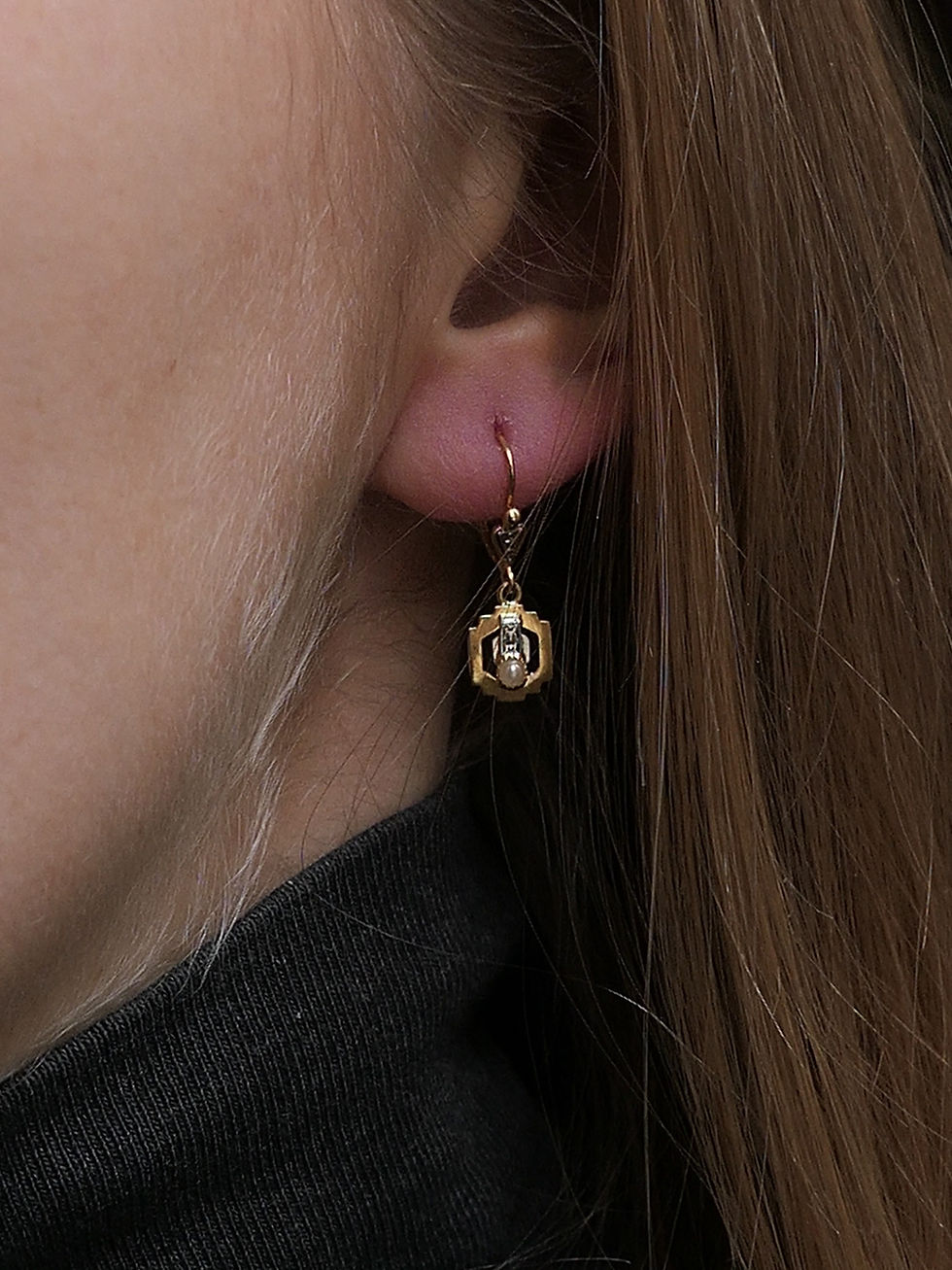 Miniature : Art Deco French Drop "Dormeuses" Earrings with Faux Pearls