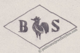 French Maker's Mark
NAME: Bernard Senes INITIALS: B S SYMBOL: Rooster DATES: 1947 - SPECIALITY: Jeweller PLACE: 167 rue de Grenelle, Paris, France