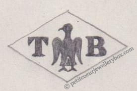 French Maker's Mark
NAME: Théophile Bouchard INITIALS: T B SYMBOL: Eagle DATES: 1878 - SPECIALITY: Jeweller PLACE: 93 rue Sainte-Anne, Paris, France
