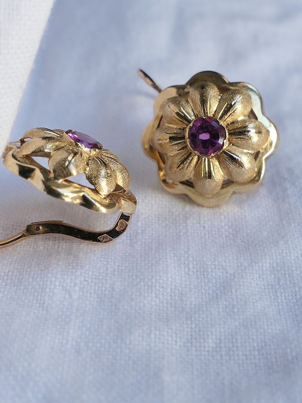 Thumbnail: Antique French "Repousées" Floral Statement "Dormeuses" Earrings