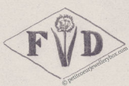 French Maker's Mark
NAME: Fernand Desrues INITIALS: F D SYMBOL: Clove pink DATES: 1926 - SPECIALITY: Jeweller PLACE : 145 rue St-Denis, Paris, France