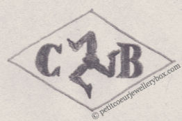 Poinçon de maître orfèvre joaillier, poinçon de fabricant, poinçon d’atelier, poinçon losangique.   NOM:              Clément Bourette INITIALES: C B SYMBOLE:    Symbole de la Sicile DATES: 1884 - 1890 PROFESSION: Bijoutier ADRESSE: 100 boulevard de Sébastopol, Paris, France