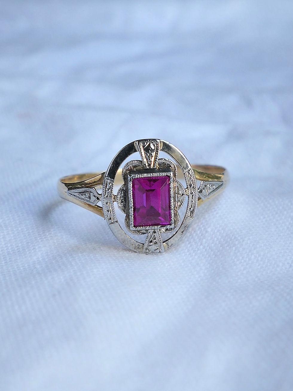 Thumbnail: Art Deco Synthetic Ruby Ring with Decorative Engraved Details