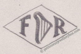 French Maker's Mark
NAME: Fernand Ruis INITIALS: F R SYMBOL: Harp DATES: 1935 - SPECIALITY: Jeweller PLACE: 21 rue de Paris, Houilles, France