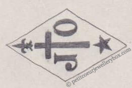 Poinçon de maître orfèvre joaillier, poinçon de fabricant, poinçon d’atelier, poinçon losangique NOM:  François Pamphile Jozan INITIALES: JOZAN SYMBOLE:  2 pagaies en croix DATES: 1836 - 1847 PROFESSION:  Orfèvre ADRESSE: Paris, France