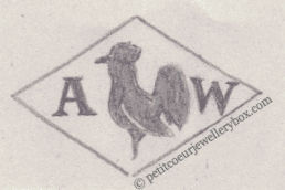 French Maker's Mark
NAME: Alexandre Waag INITIALS: A W SYMBOL: Rooster DATES: 1951 - SPECIALITY: Jeweller PLACE: 8 rue Carnot, Paris, France