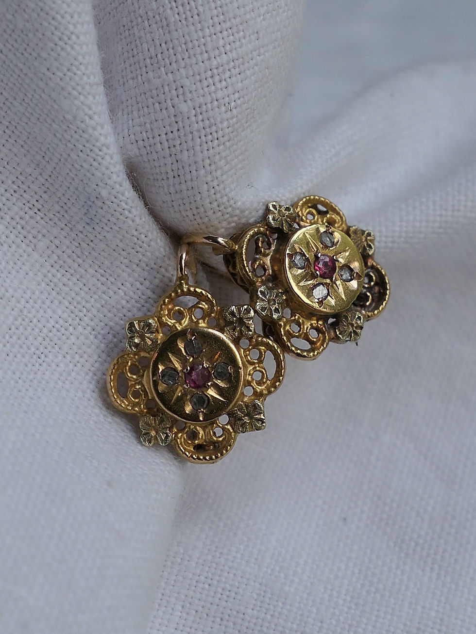 Thumbnail: Naturalistic Antique French Earrings set with Diamonds and Red Paste
