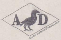 NAME:                	  Alphonse Dutac INITIALS: A D SYMBOL: Pigeon DATES: 1883 - SPECIALITY: JewellerPLACE: 21 rue Saint-Augustin, Paris, France