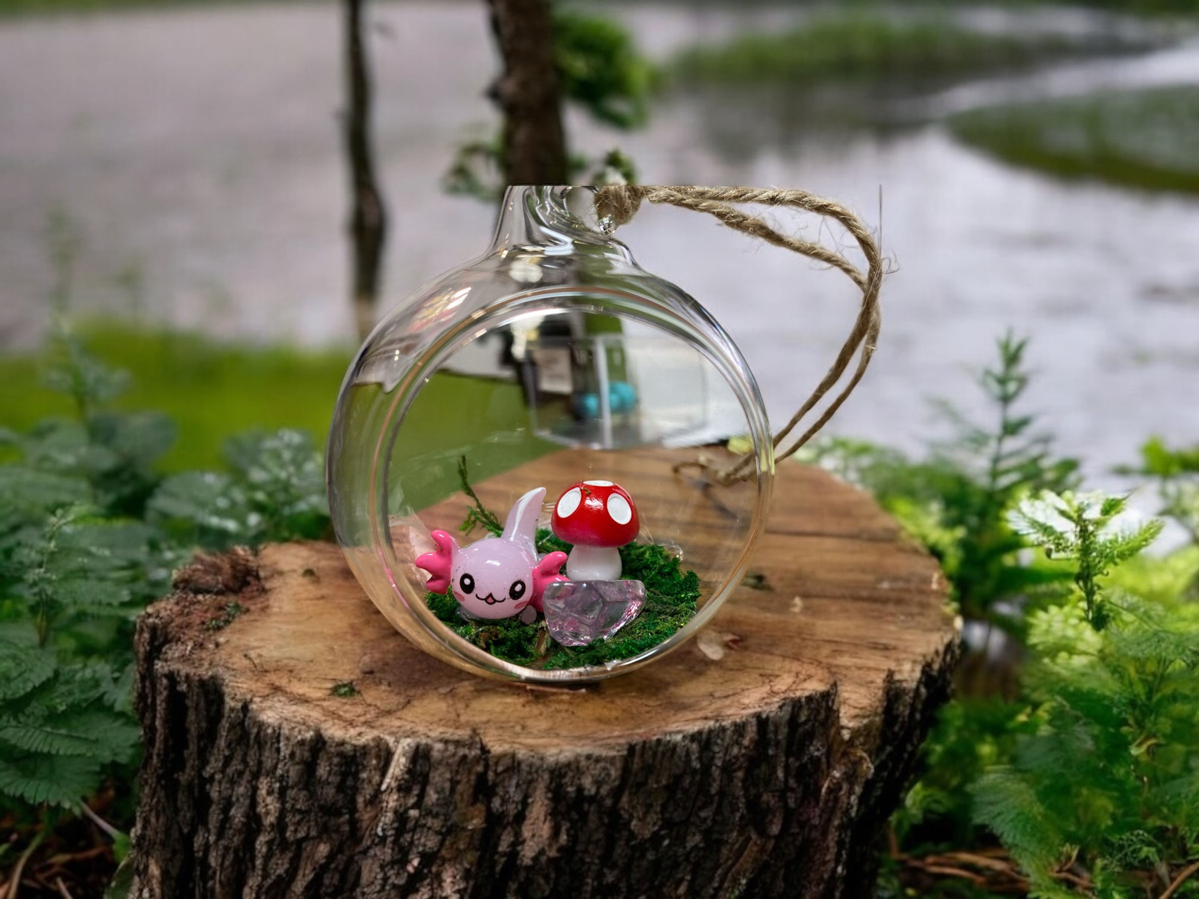 Axolotl - Crystal and Mushroom in Glass Orb