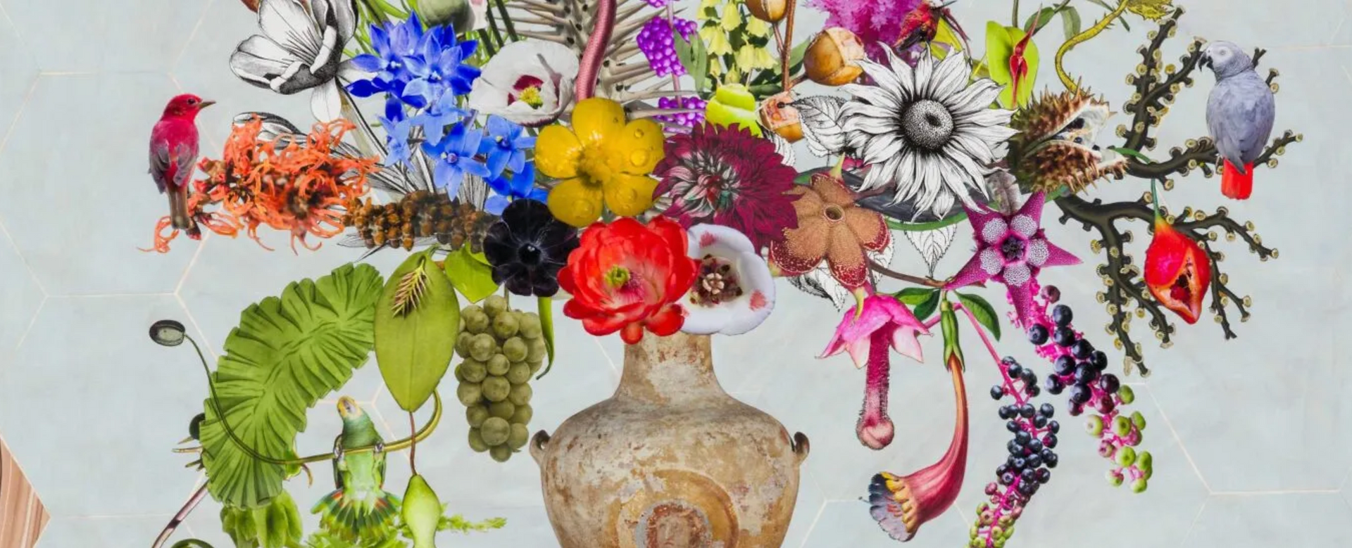Ancient Greek Hydria with Witch Hazel, Buttercup and African Grey Parrot, 2025, Jane Hammond