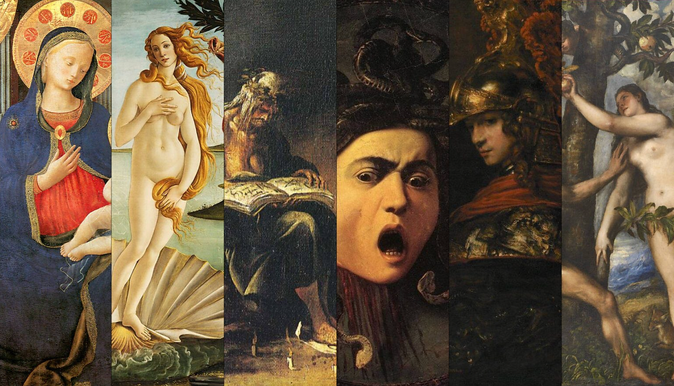 Cover image features Fra Angelico, Madonna of Humility (c. 1430–1450); Sandro Botticelli, The Birth of Venus (c. 1485); Salvator Rosa, The Witch (1646); Caravaggio, Medusa (1598); Rembrandt, Pallas Athena (c. 1657); Titian, The Fall of Man (c. 1550).