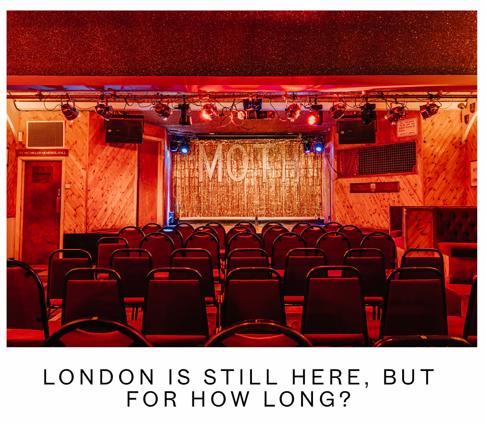 Empty theater with red seats facing a glittery gold curtain on stage. Warm wooden walls. Text: LONDON IS STILL HERE, BUT FOR HOW LONG?