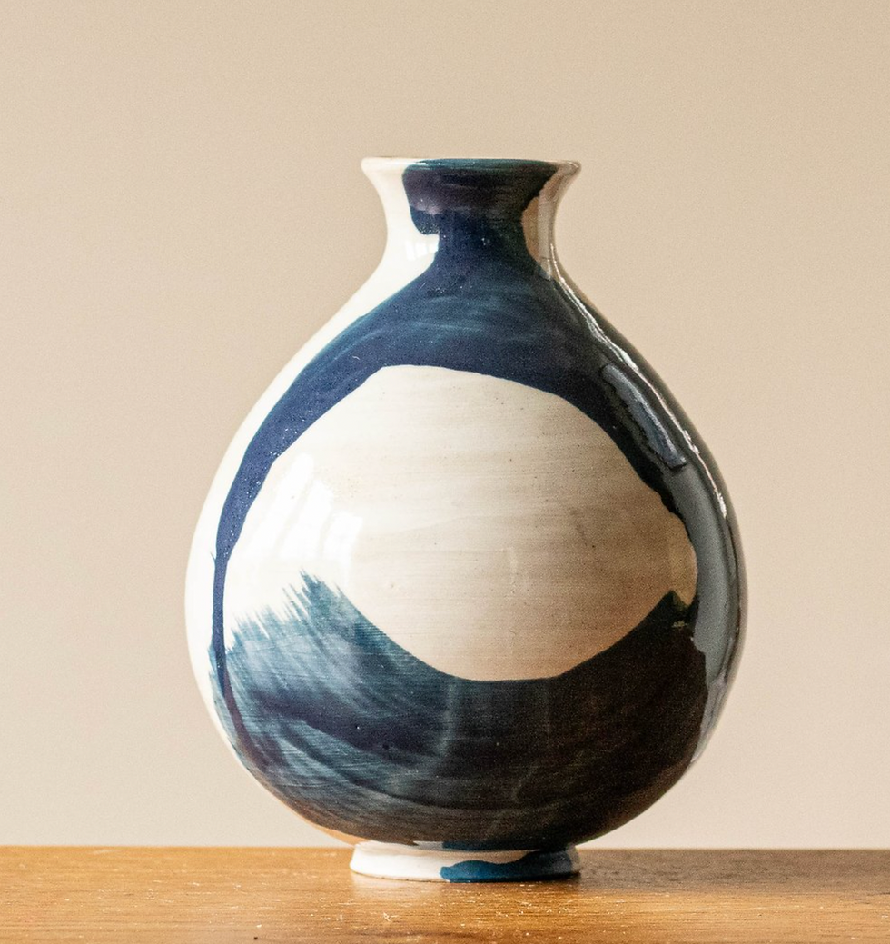 Mary Wright Ceramics, Small White Handmade Pottery Necked Moon Jar or Vase with Blue Decoration, £85