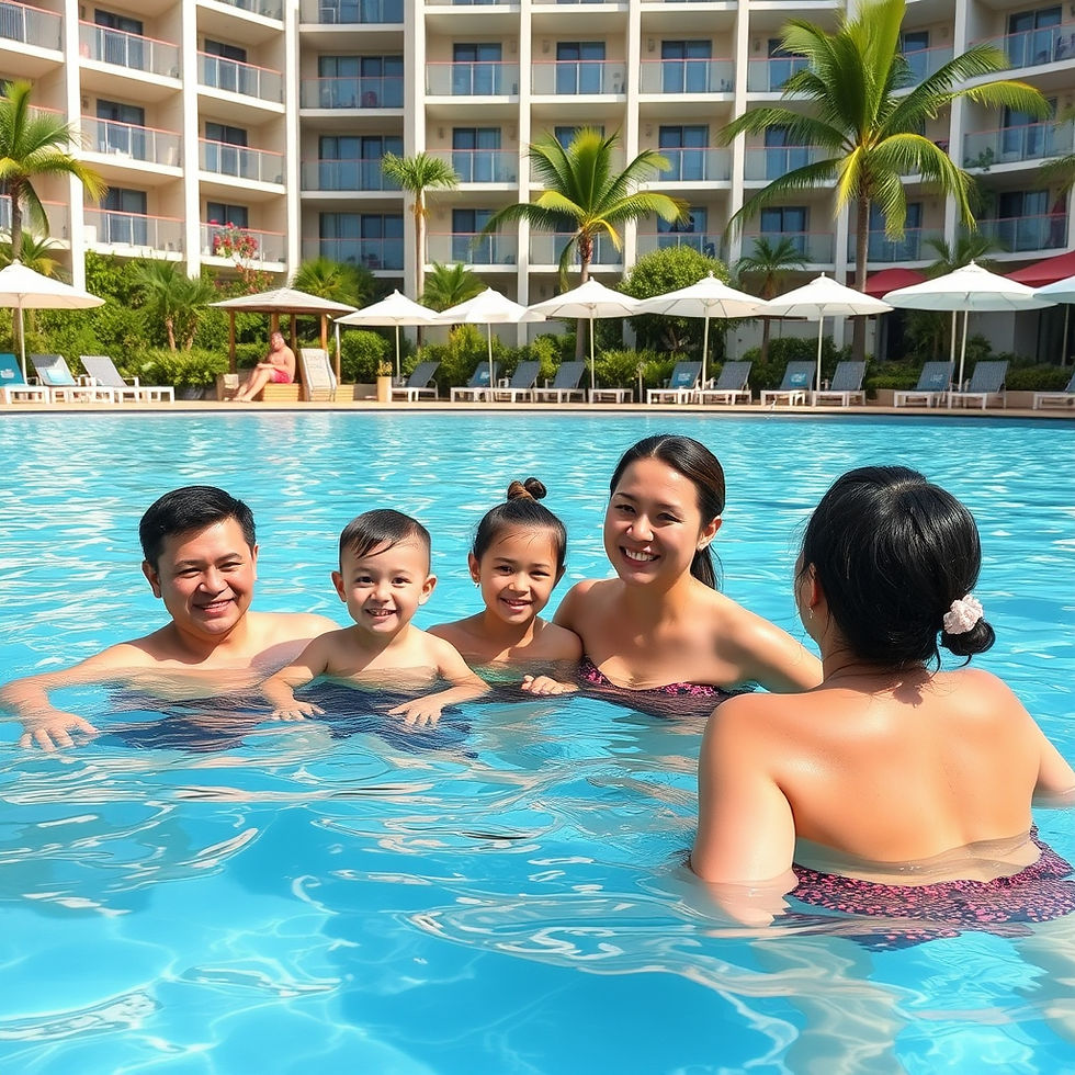Eye-level view of a family-friendly resort pool with kids playing and parents relaxing nearby