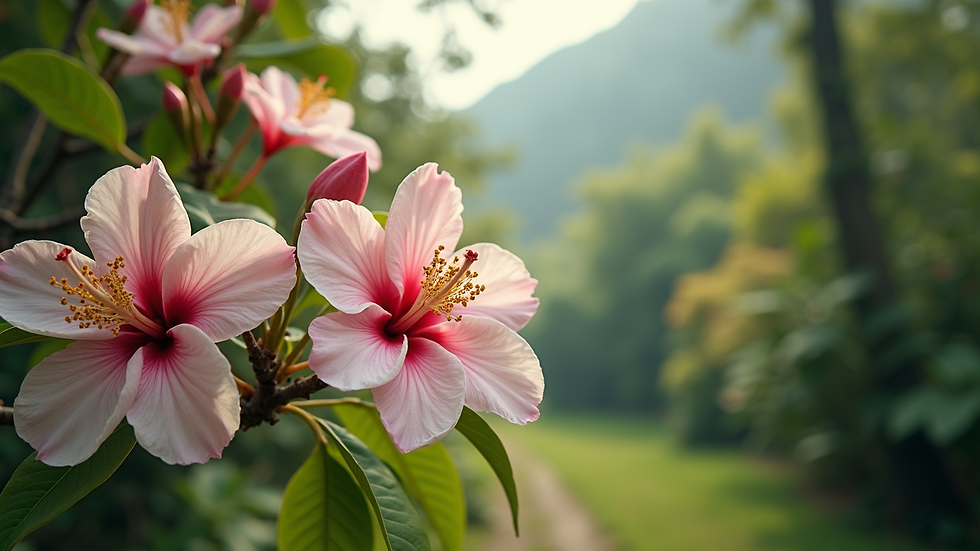Wide angle view of blossoming tropical scenery