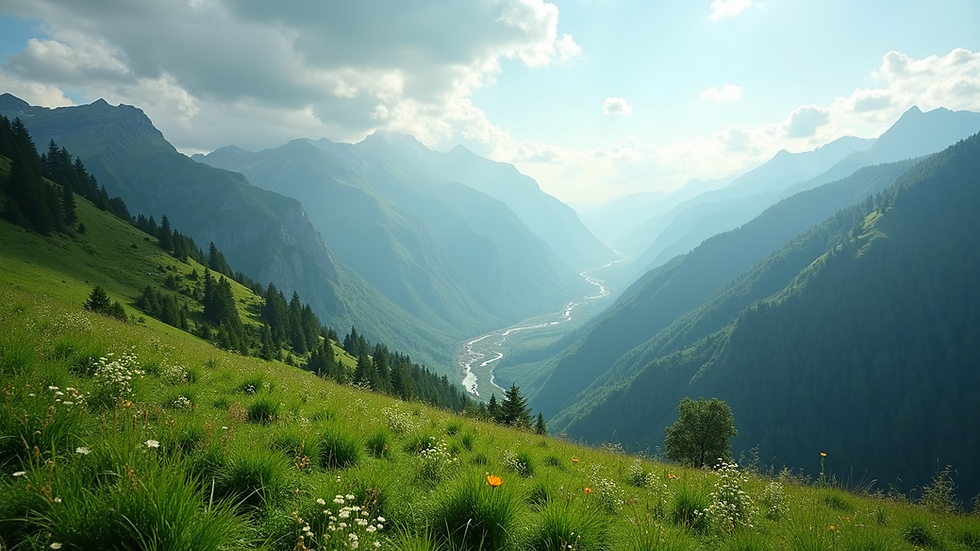 Wide angle view of a mountain landscape with lush greenery