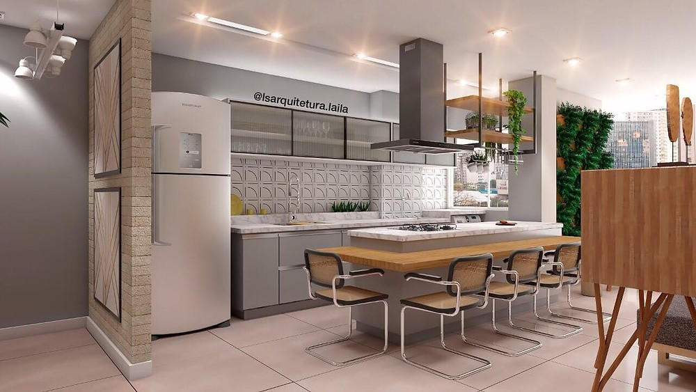 visualização 3d de cozinha em conceito aberto