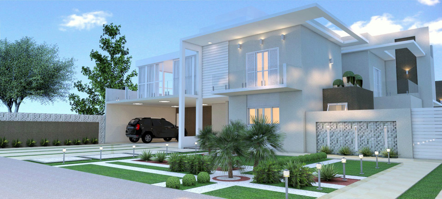Render de fachada humanizada com paisagismo, texturas e iluminação.