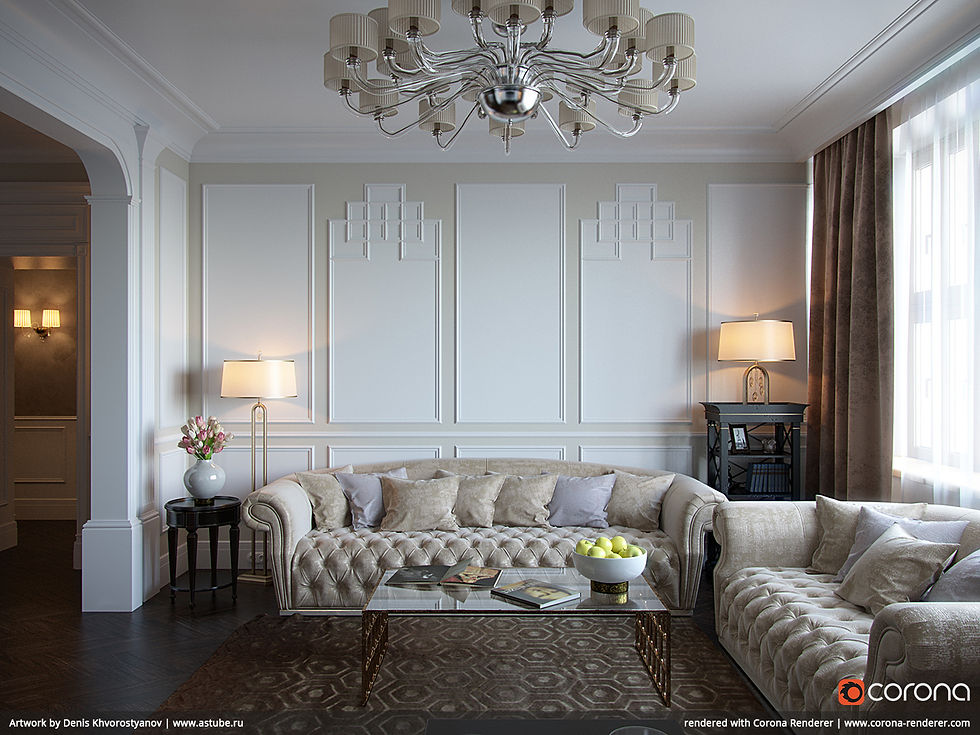 Render de uma cena do interior de uma casa utilizando o software Corona.