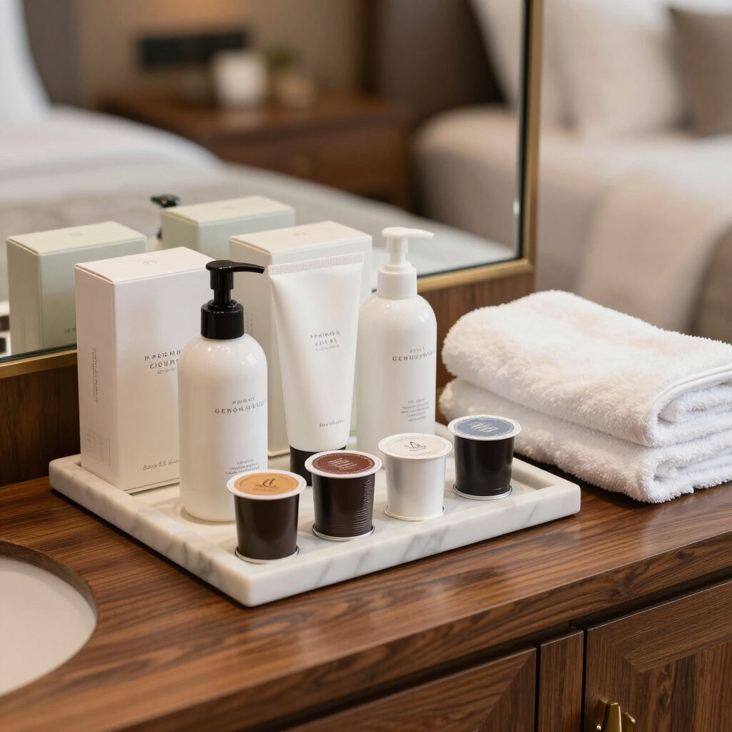 Amenity tray with travel size amenities