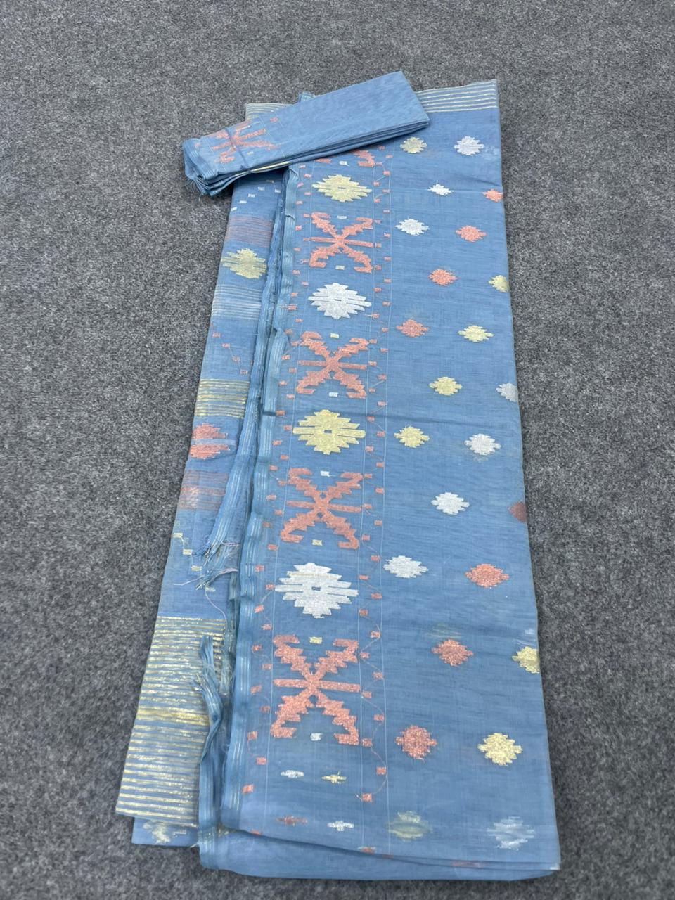 Bluish Grey color half silk jamdani saree with blouse piece