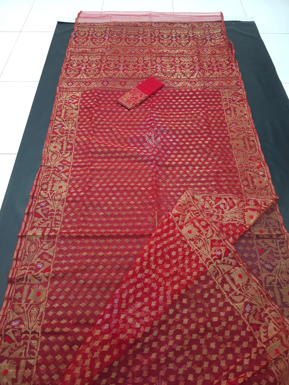 Dull Red Color Cotton Jamdani Saree