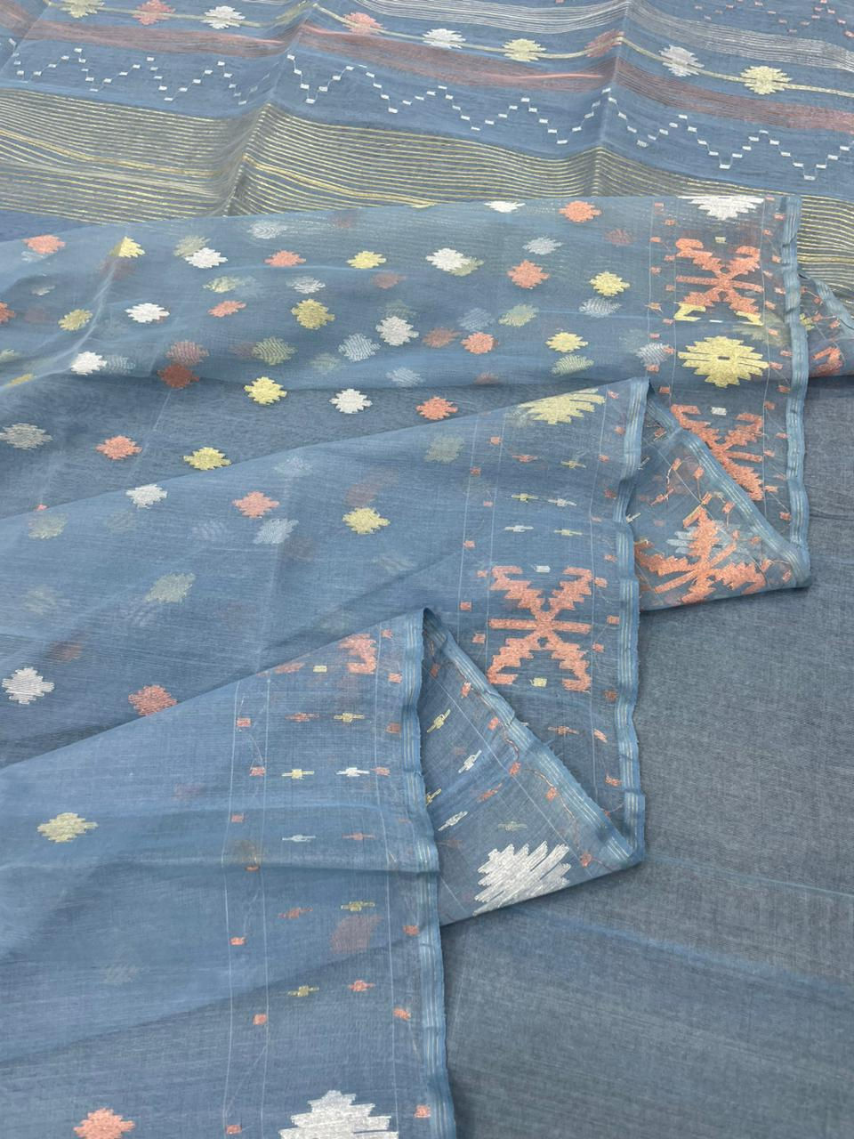 Bluish Grey color half silk jamdani saree with blouse piece