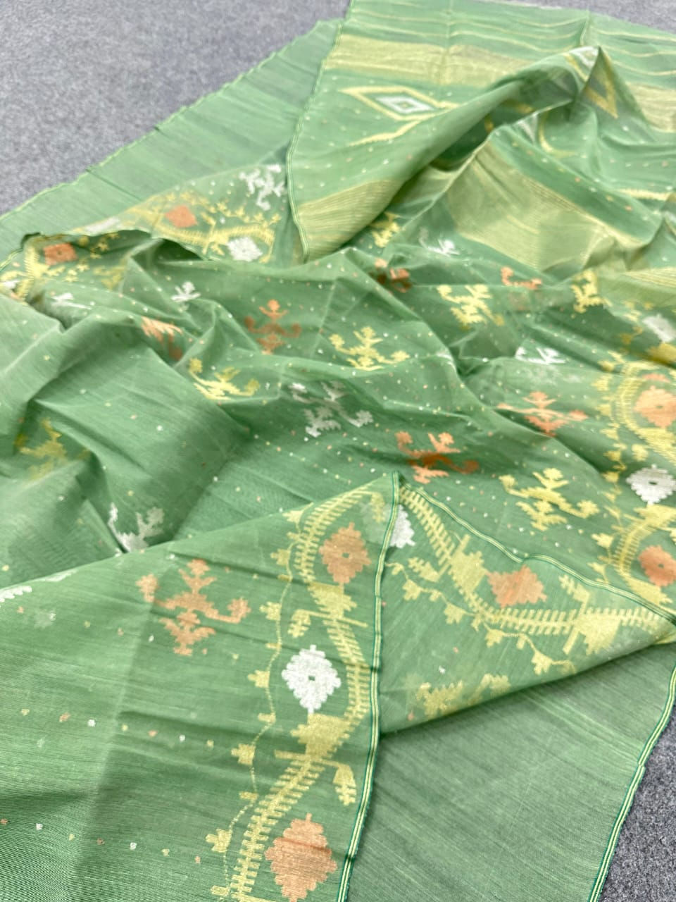 Greenish Grey color half silk jamdani saree with blouse piece