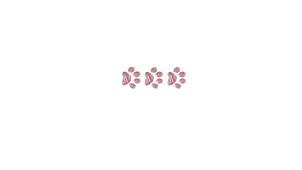 Digital graphic of three sets of dark red paw prints on a black background. The design is abstract and simple.