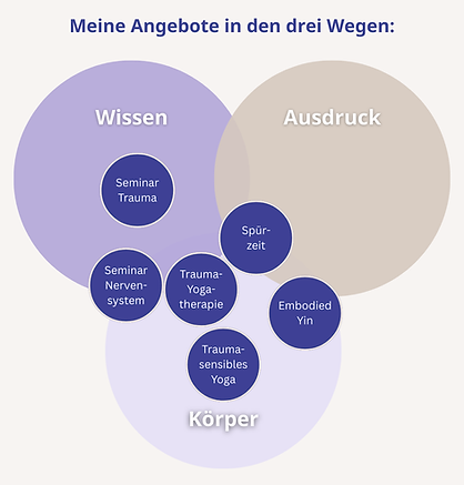 Diagramm mit drei überlappenden Kreisen: Wissen, Ausdruck und Körper. Den Bereichen sind die Angebote Seminar Trauma, Seminar Nervensystem, Trauma-Yogatherapie, traumasensibles Yoga, Embodied Yin und Spürzeit zugeordnet.