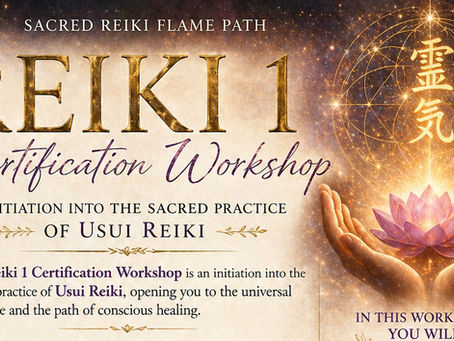 Scroll features blue and golden lettering for Reiki Workshop, with candles and hands gently holding a pink lotus