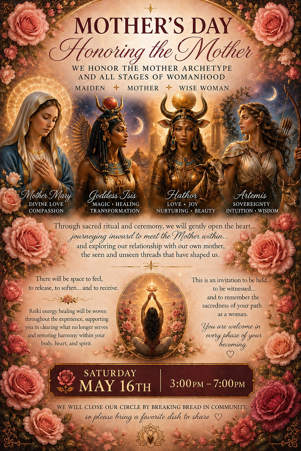 Flyer featuring Mothers in the form of Sacred Mary, Isis, Hathor, and Astarte surrounded by swirling text and roses.