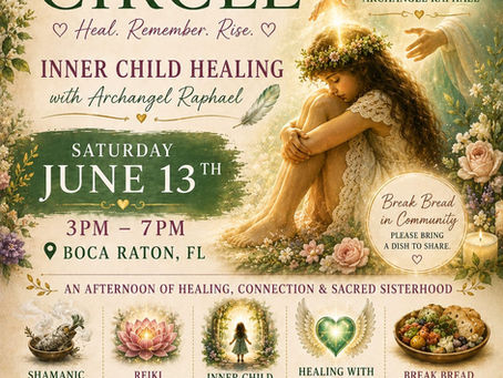 Surrounded by roses, a young girl is healed by the presence of Archangel Raphael in this poster for Earth Alchemy Healing's June Shamanic Women's Circle