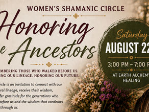 An altar adorned with photos of ancestral loved ones waits for the Women's Shamanic Circle attendees, with candles lit and a smudge fan ready to begin the blessing of the Ancestors.
