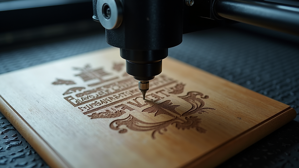 High angle view of laser engraving machine working on a wooden piece