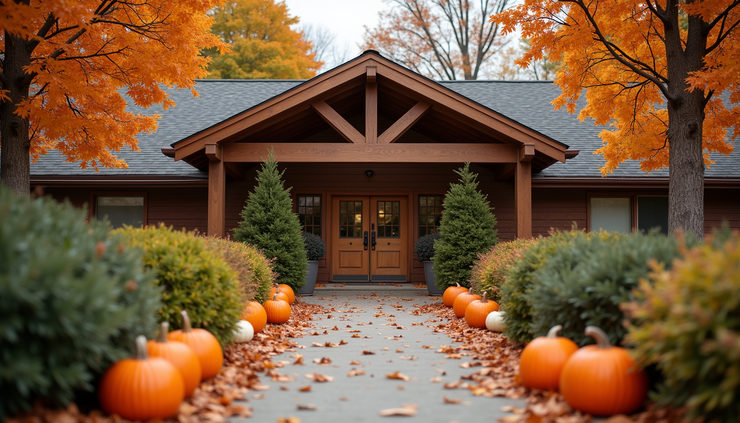 Eye-level view of Shawnee Community Services building entrance with autumn decorations