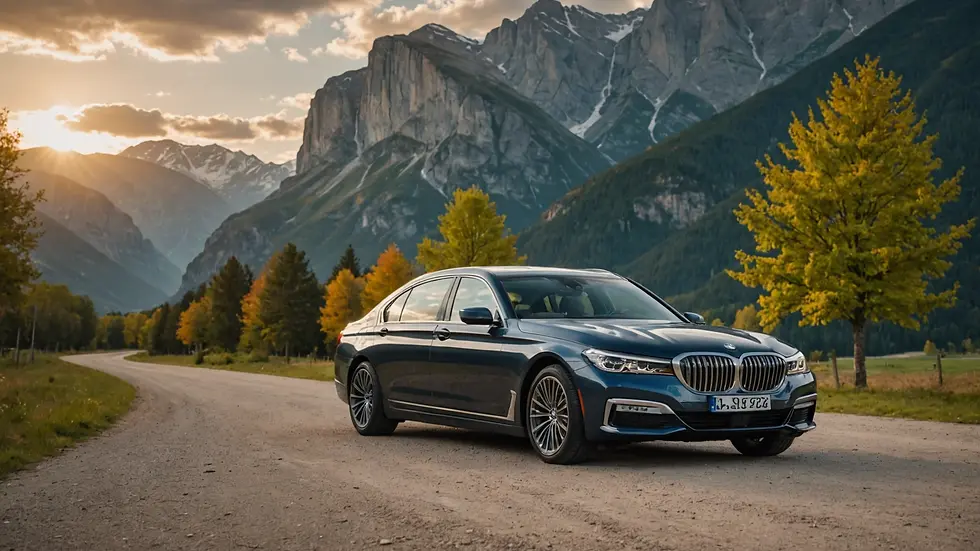 Wide angle view of an elegant BMW 7 Series parked against a scenic backdrop