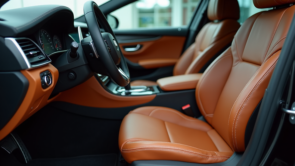 Close-up view of a luxury car interior with leather seats and polished wood trim