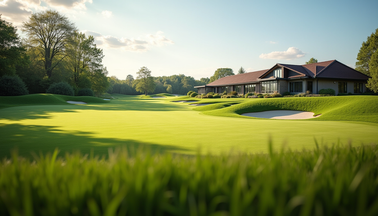 Eye-level view of the manicured fairways and clubhouse at JCB Golf & Country Club