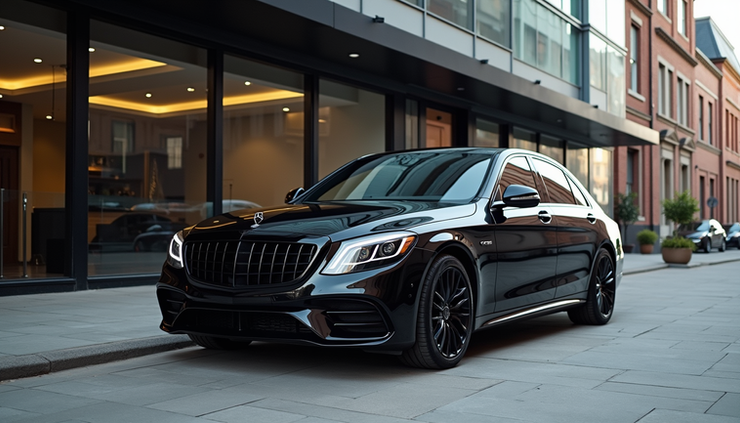 Eye-level view of a sleek black executive car parked outside a modern building in Stockport