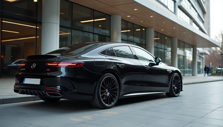 Eye-level view of a sleek black executive car parked outside a modern building