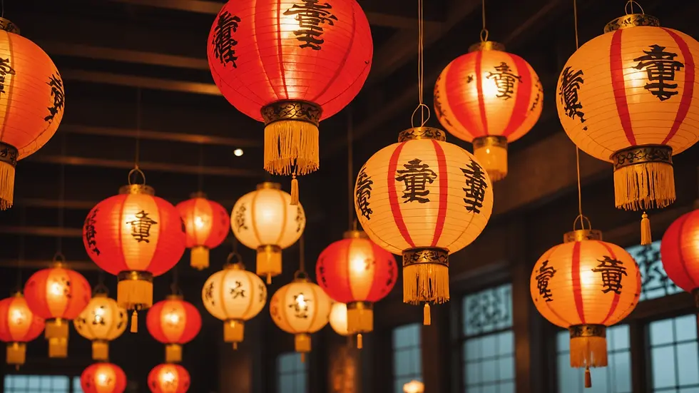 Close-up view of traditional Chinese lanterns hanging at the Museum of Liverpool