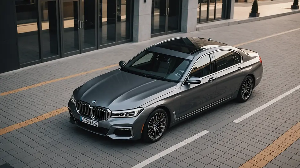 High angle view of a BMW 7 Series parked outside a modern building
