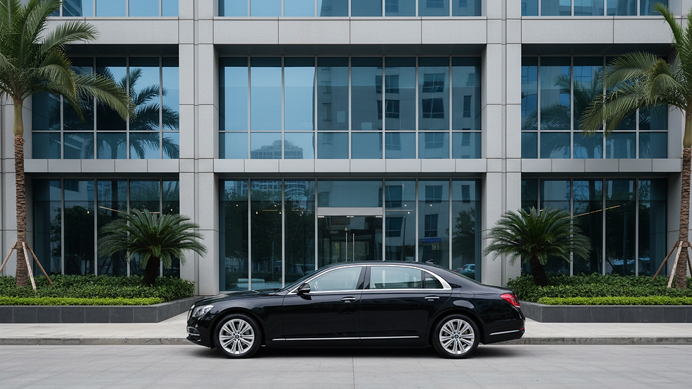 Eye-level view of a luxury black executive car parked outside a modern office building